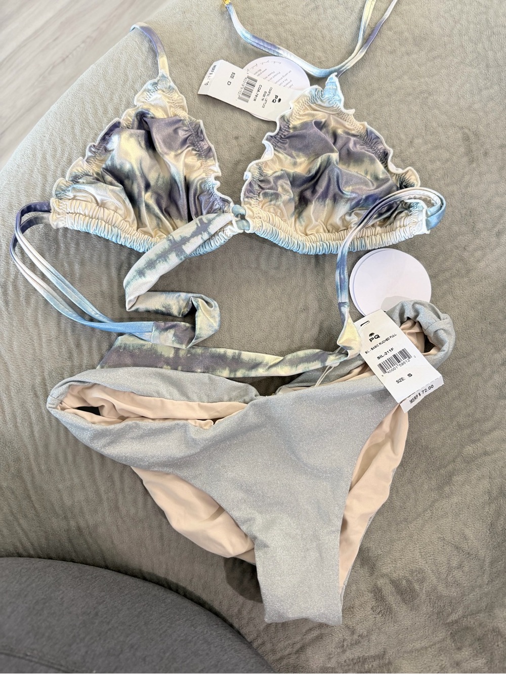 PQ Swim Multi-Tone Tie-Dye Triangle Bikini with Silver Shimmer Bottoms
